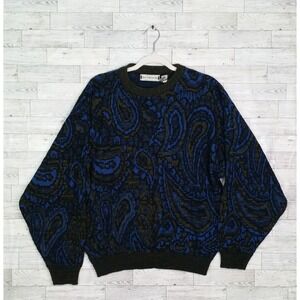 Mens Vintage Saturdays Sweater Black Geometric Knit Crewneck Pullover 80s XL